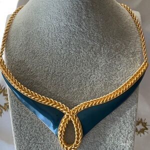 Monet Signed Vintage Necklace Egyptian Enamelled Gold Collar With Rope Chain